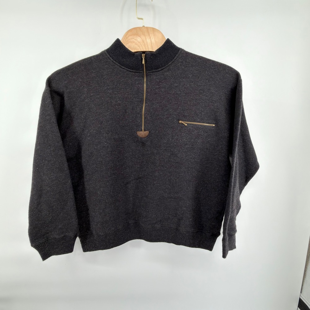 LL Bean Wool Blend Sweater Mens L Charcoal Gray Quarter Zip Mock Neck Vintage